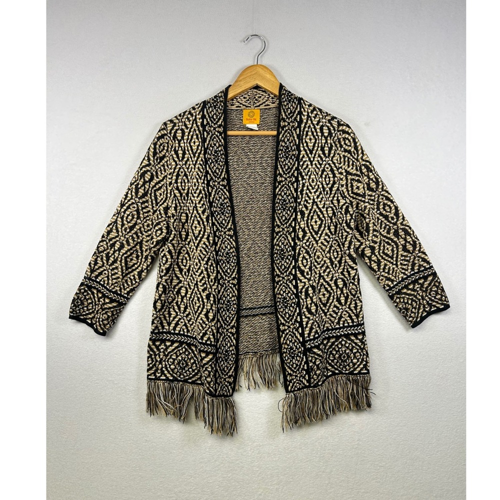 Ruby Rd‎ Petite Bohemian Diamond Fringe Knit Cardigan Sweater Women PL